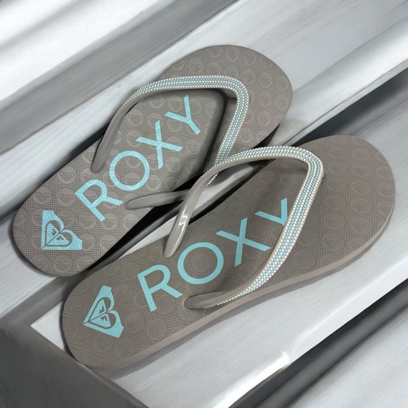 Roxy Crush III Women’s Flip Flops Gray w/ Blue & White Beaded Straps - Picture 4 of 12